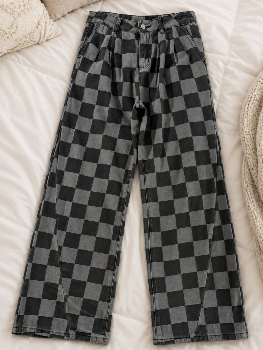 Check Wide Leg Denim Pants 12 Black Gray Grunge Revival Indie Rock Trendy Jeans - Picture 2 of 3